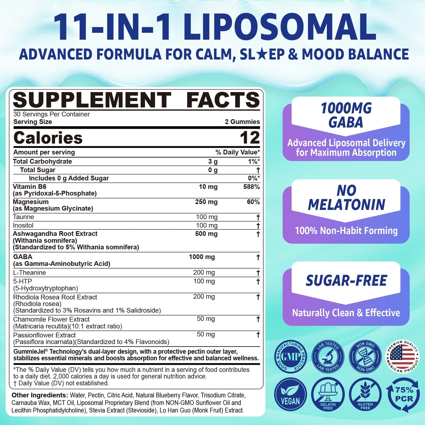Nextdia GABA 1000mg Liposomal Calm Mood Gummies with L-Theanine, Magnesium Glycinate, Ashwagandha, 5-HTP, Inositol, Melatonin-Free, Sugar-Free, 60 Count