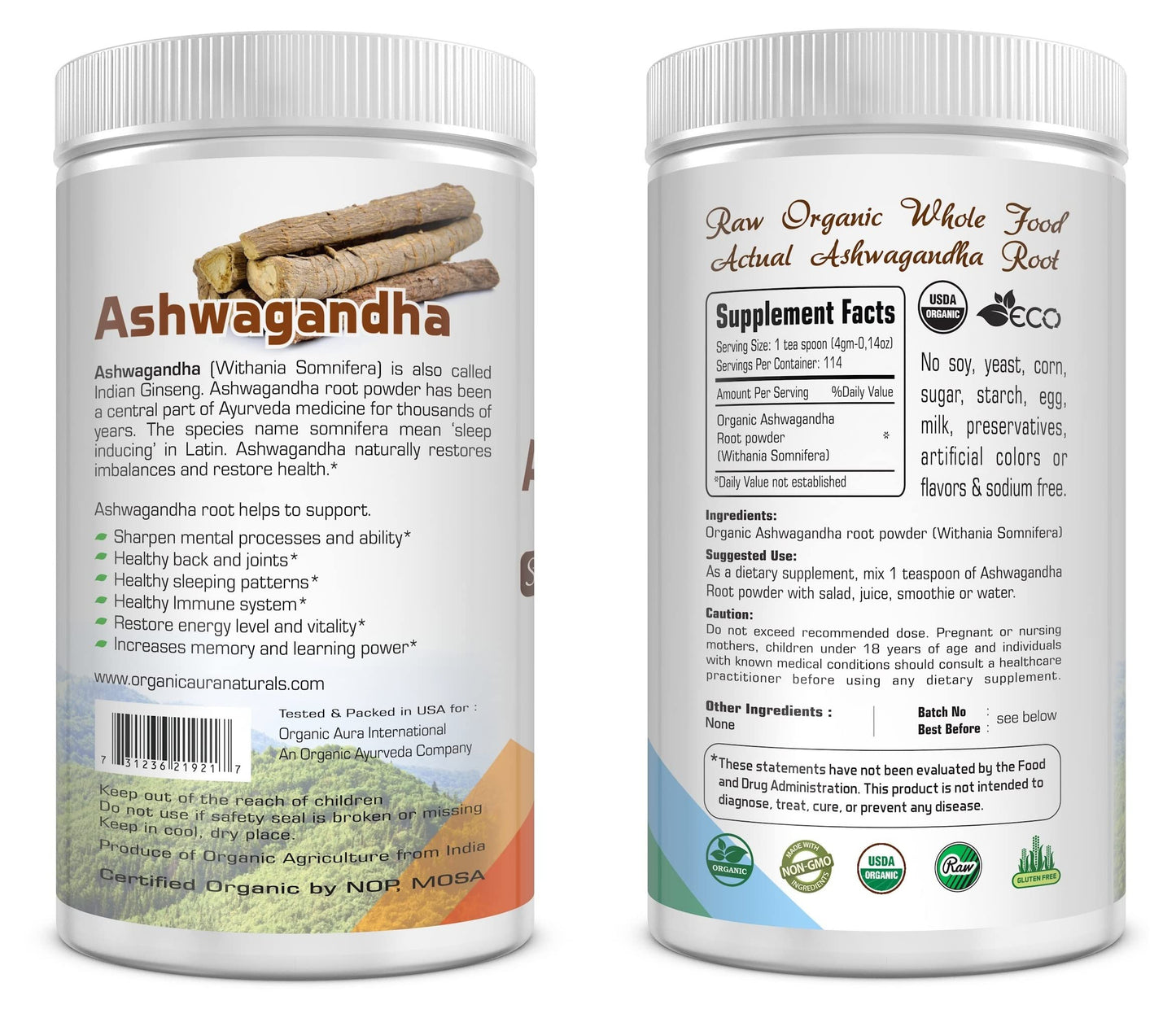 Organic Aura International Ashwagandha Root Powder 16 oz