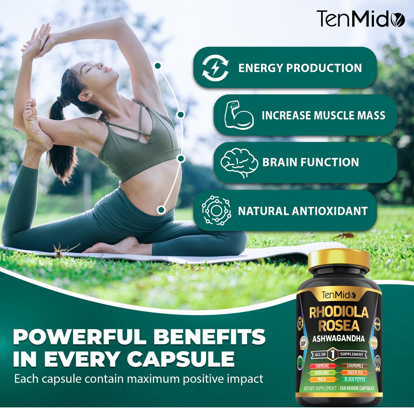 Tenmido Rhodiola Rosea Supplement Capsules, 150 Vegan Capsules