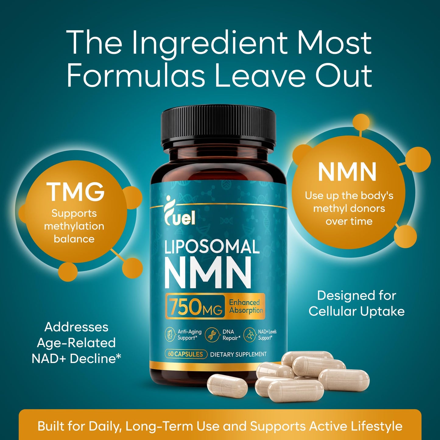 Fuel Liposomal NMN 750mg per Serving (500mg NMN + 250mg TMG) Capsules 60 Count
