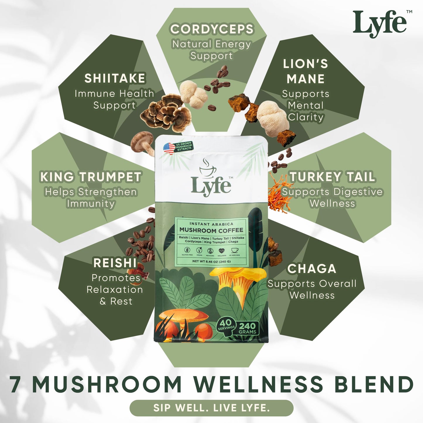 LYFE Organic Instant Mushroom Coffee Powder 8.47 Ounce