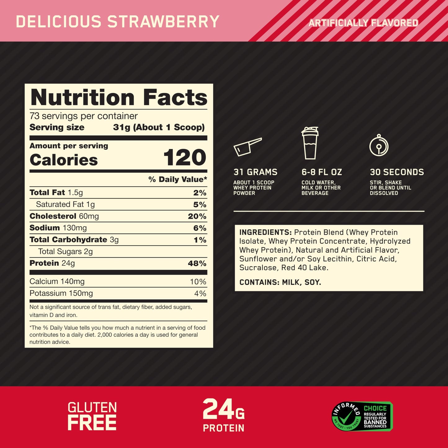 Optimum Nutrition Gold Standard 100% Whey Protein Powder, Delicious Strawberry, 80 Servings