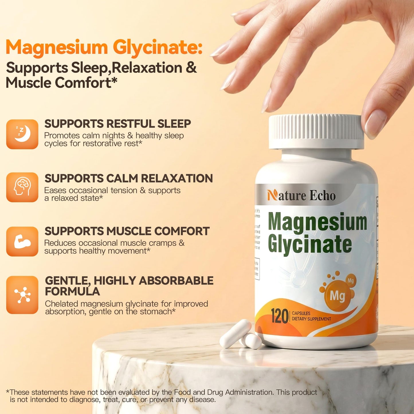 Nature Echo Magnesium Glycinate 1000mg High Absorption Chelated Magnesium Supplement Capsules 120 Count