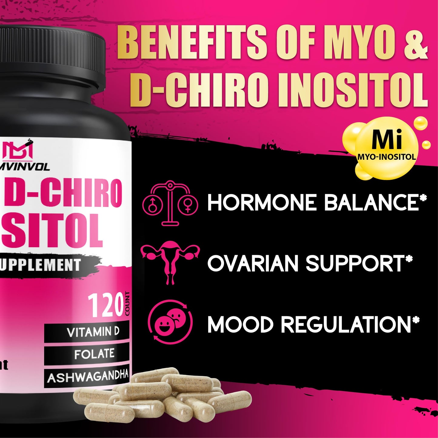 BMVINVOL Myo-Inositol & D-Chiro Inositol Capsules, 2,050mg, with Folate, Vitamin D, Hormone Balance & Ovarian Support for Women, 40:1 Ratio, 120 Capsules
