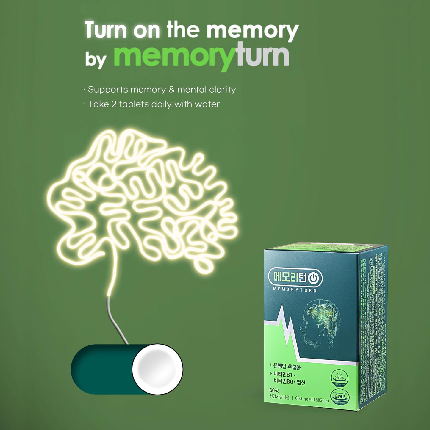 Memoryturn Brain Supplement with Lion’s Mane & Ginkgo Biloba – Natural Nootropic Tablet, 1 Count