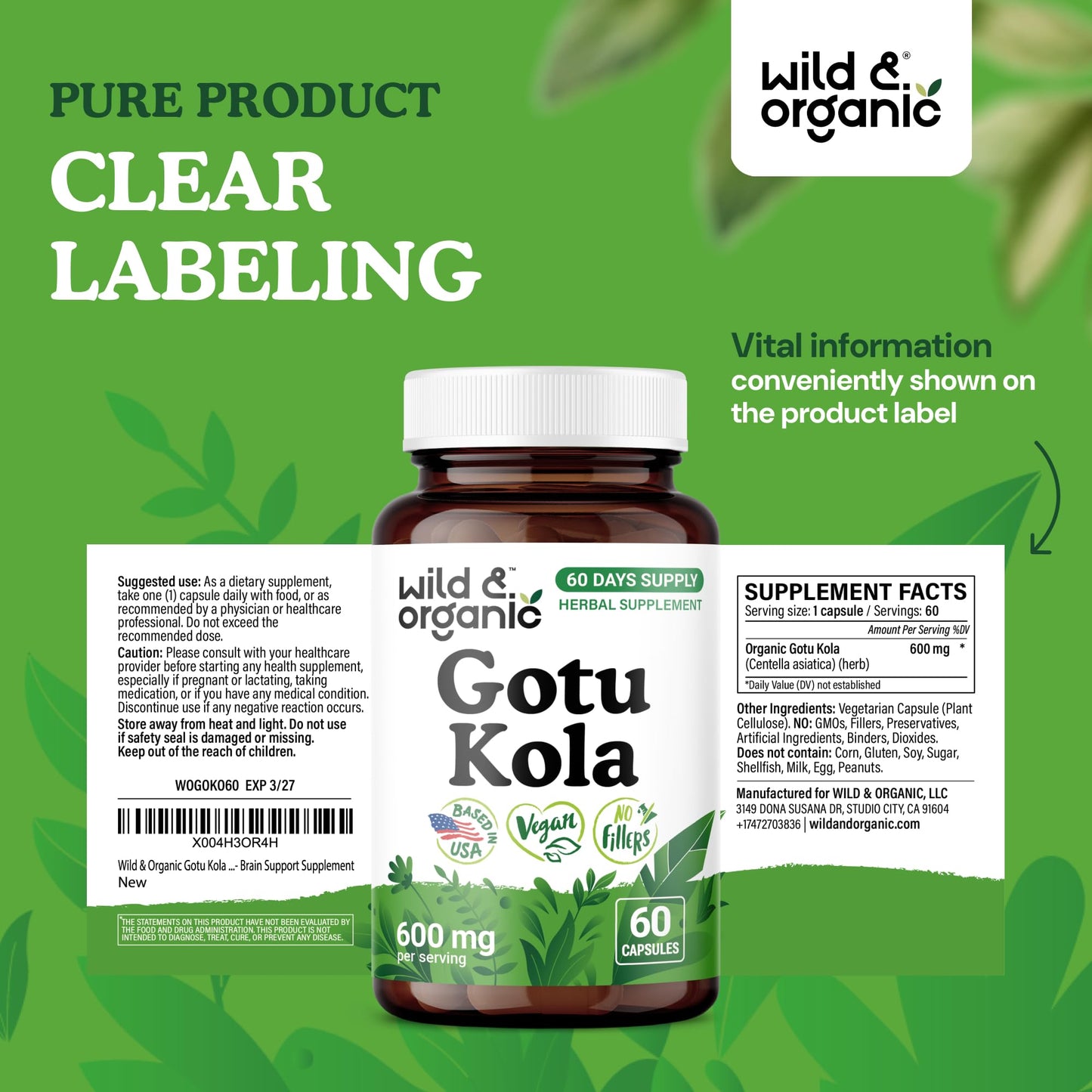 Wild & Organic Gotu Kola Capsules 600 mg 60 Count