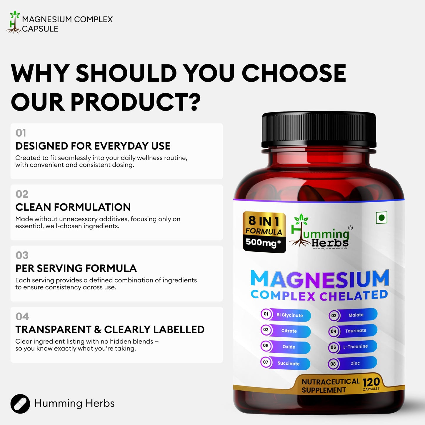 Humming Herbs Magnesium Complex Chelated Supplement 500mg, 120 Vegan Capsules