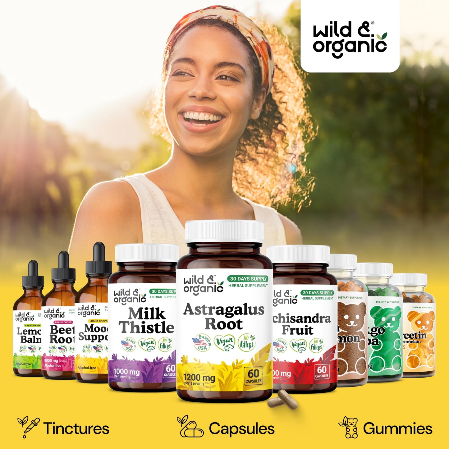 Wild & Organic Astragalus Root Capsules 1200 mg, 60 Count
