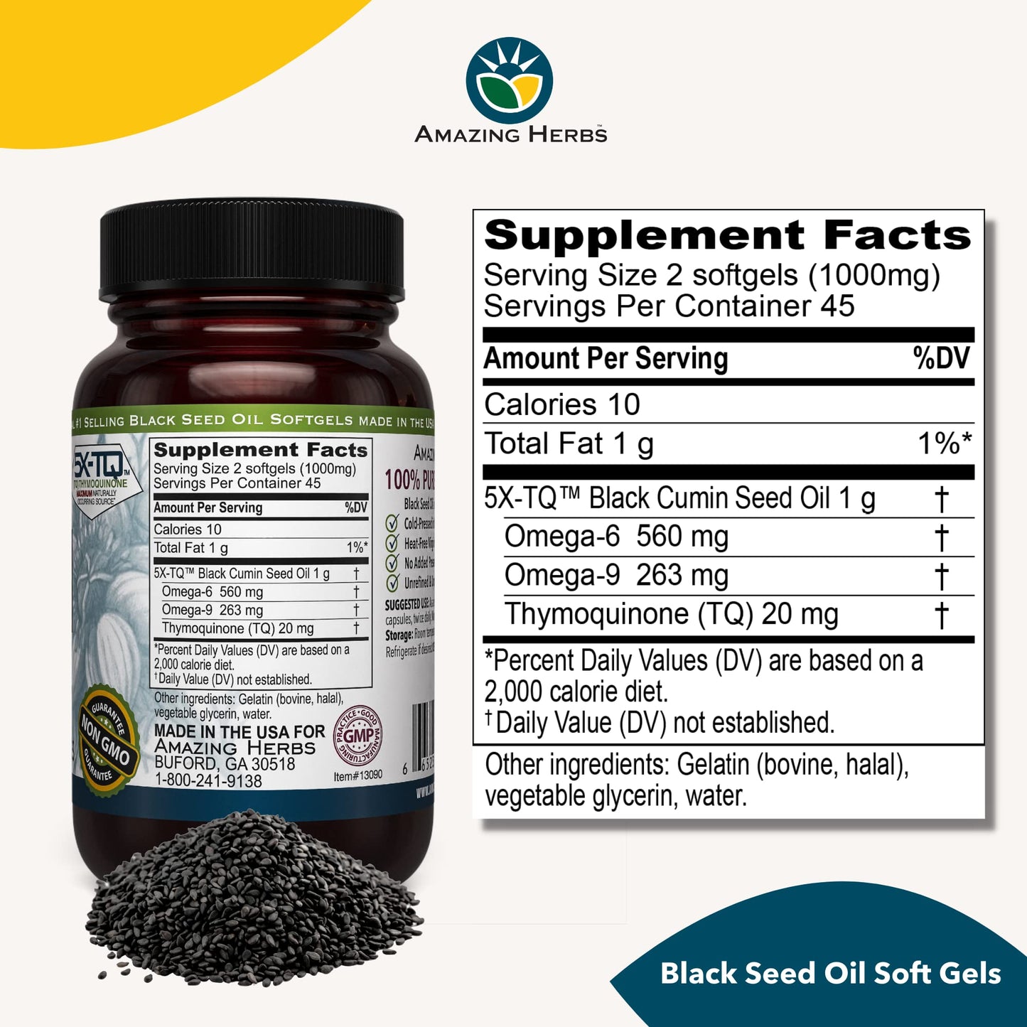 Amazing Herbs Black Seed Oil 500mg Capsules - 90 Count