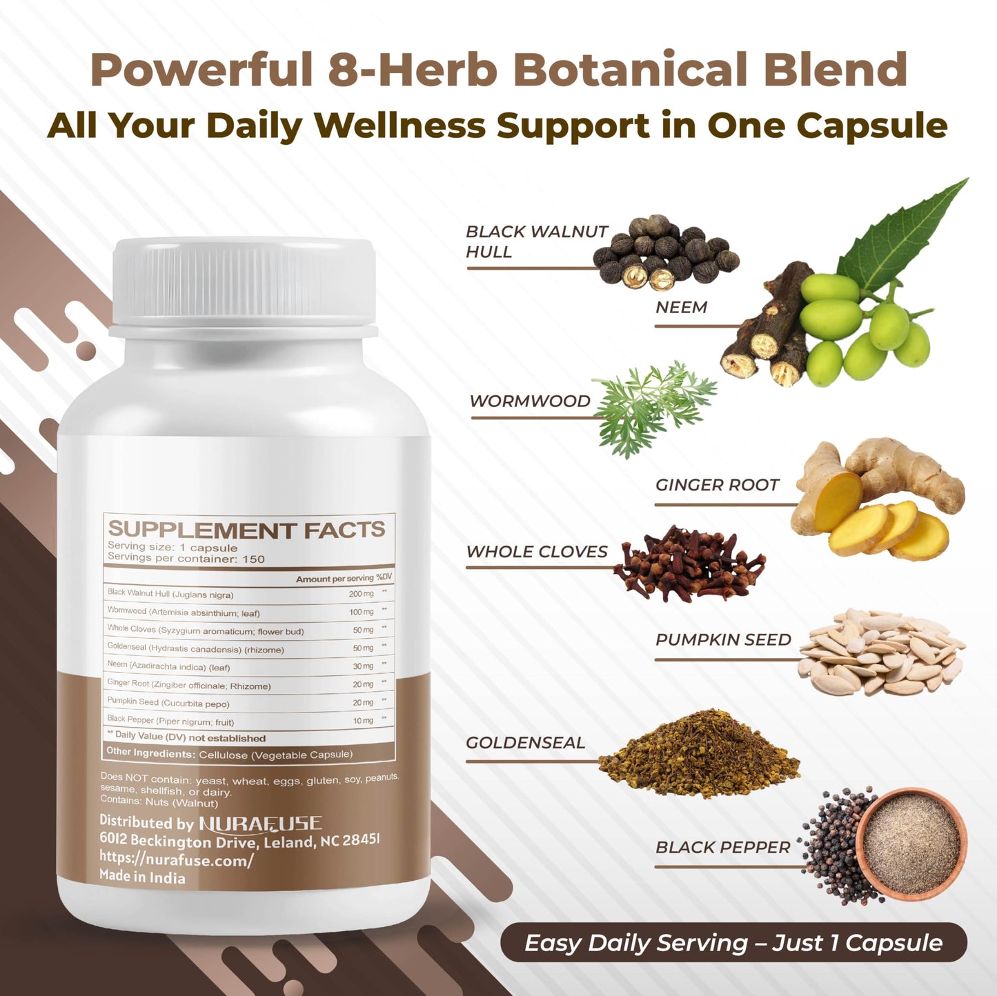 NURAFUSE Black Walnut Wormwood Whole Cloves Goldenseal Capsule 150 Count