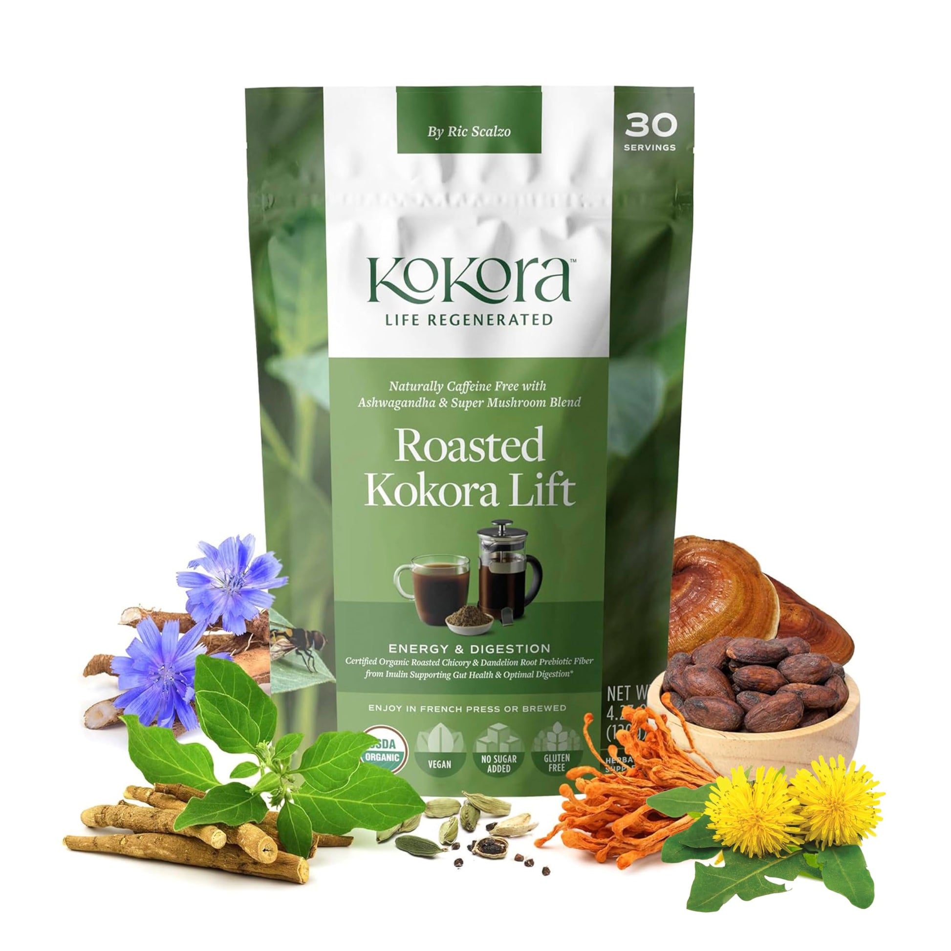 Kokora Roasted Kokora Lift - Energizes & Promotes Healthy Digestion* Coffee Alternative - Organic Adaptogenic Mushroom with Ashwagandha - Vegan, Non-GMO, No Added Sugar Powder, 30 Servings