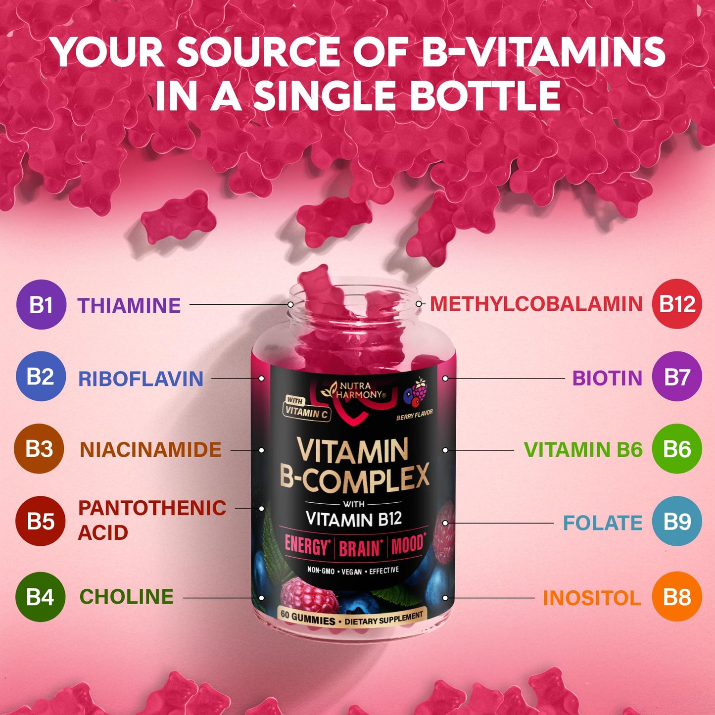 NUTRAHARMONY Vitamin B-Complex Gummies, 60 Gummies