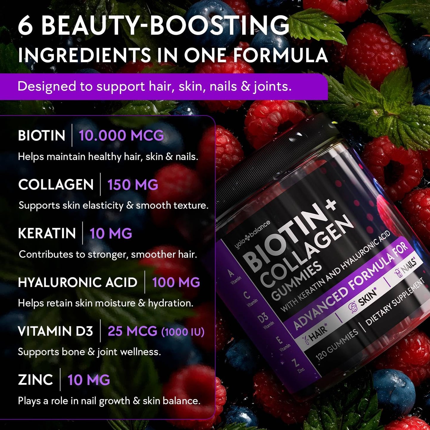 YOLOBALANCE Biotin Gummies 10000mcg for Hair Growth Support, 120 Count