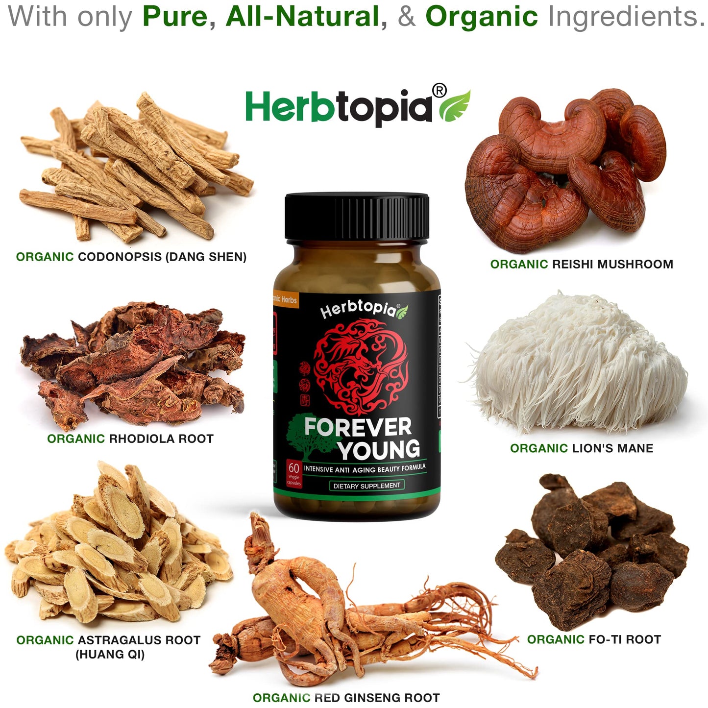 Herbtopia Forever Young Anti Aging Adaptogen Supplement with Organic Red Ginseng, Astragalus, Reishi, Lion's Mane & Codonopsis — Supports Immune Function, Healthy Aging & Longevity, 60 Vegan Capsules