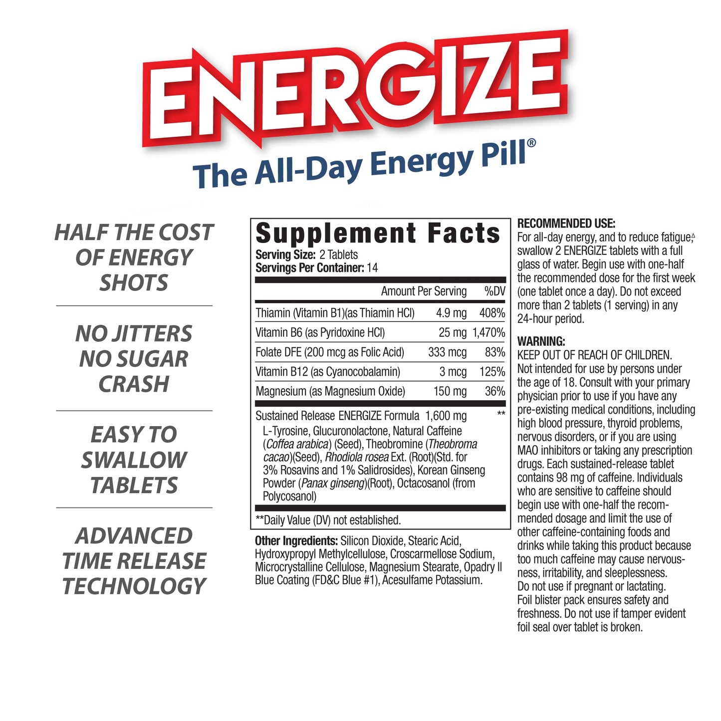 iSatori Energize Caffeine All Day Energy Tablets, 28 Tablets
