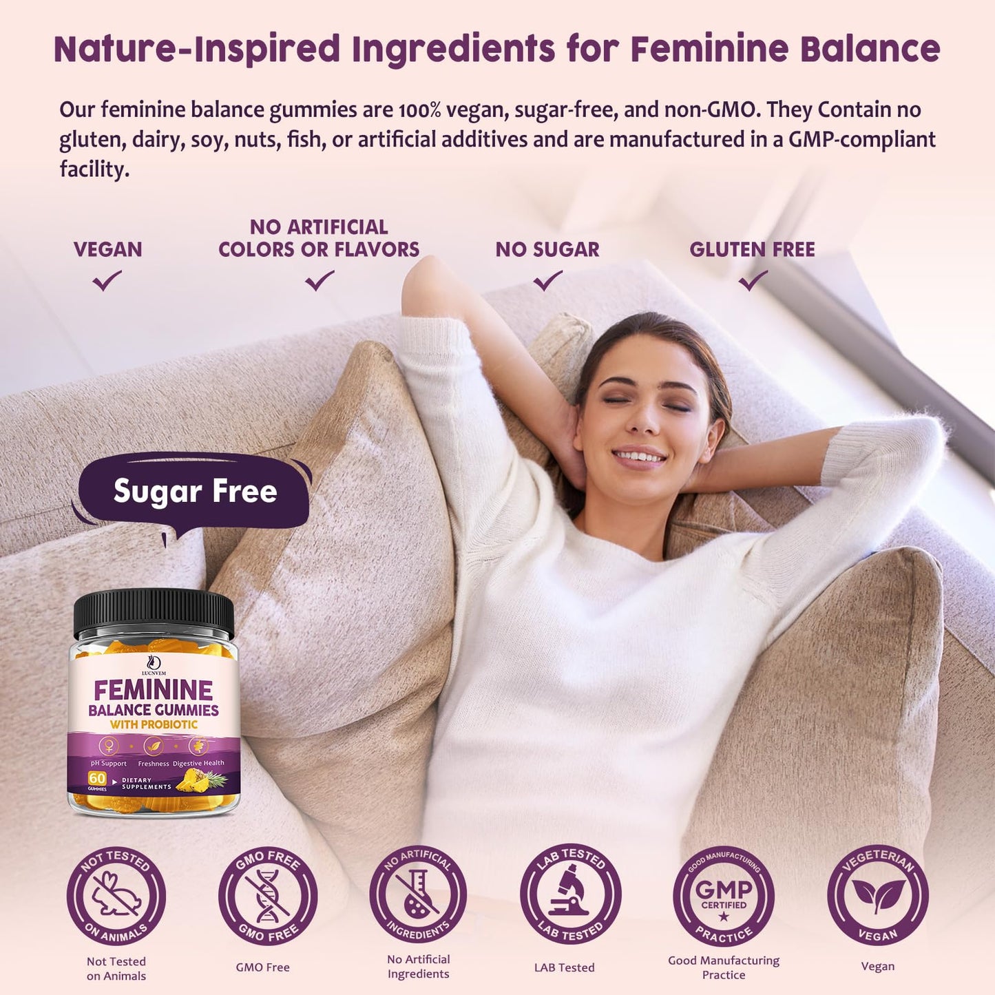 LUCNVEM Feminine Balance Probiotic Gummies, 60 Count