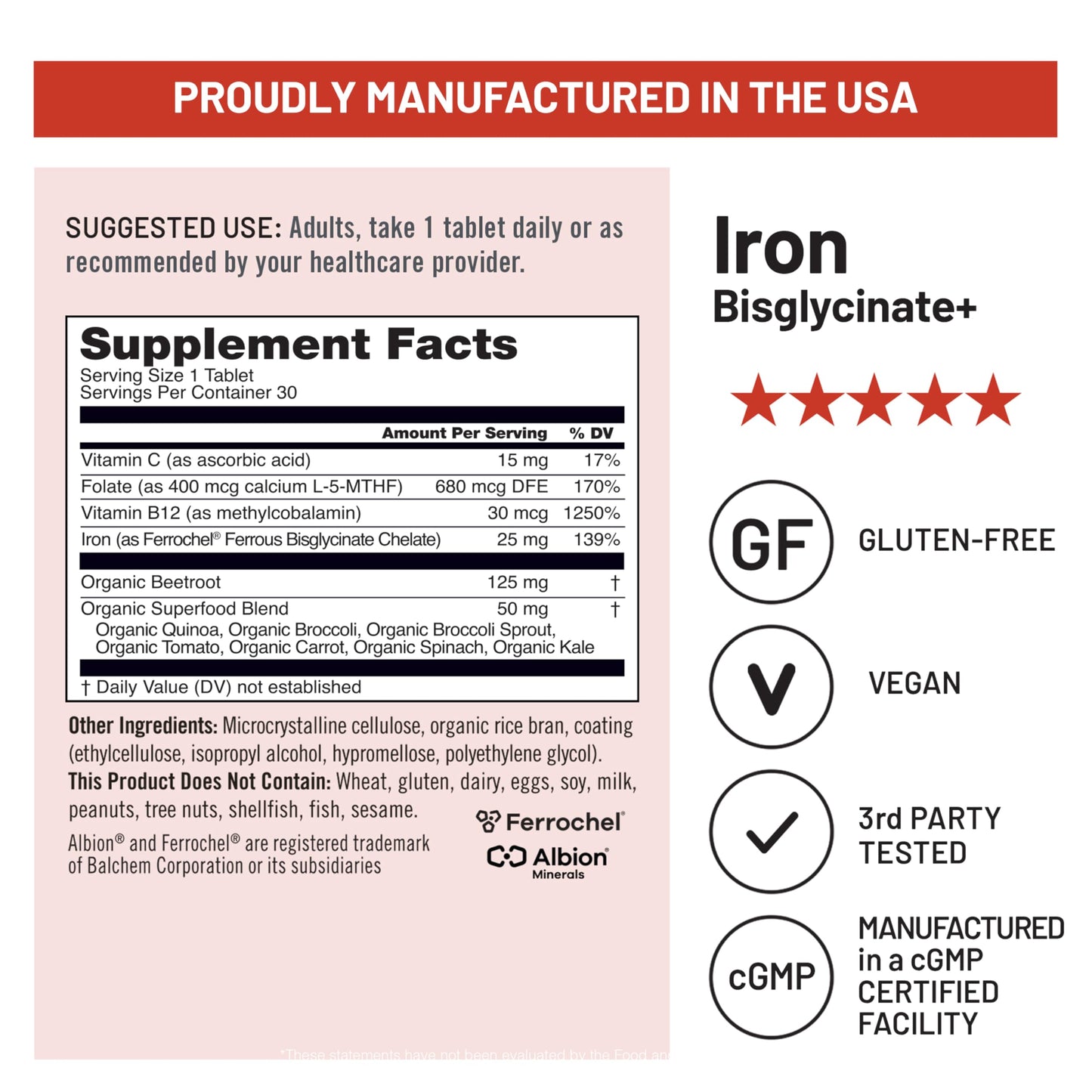 NatureWise Vegan Iron Supplement Tablets 30 Count