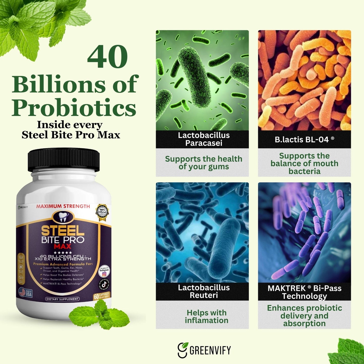 GREENVIFY Steel Bite Pro Max Probiotic Supplement, 40 Billion CFU, 180 Capsules