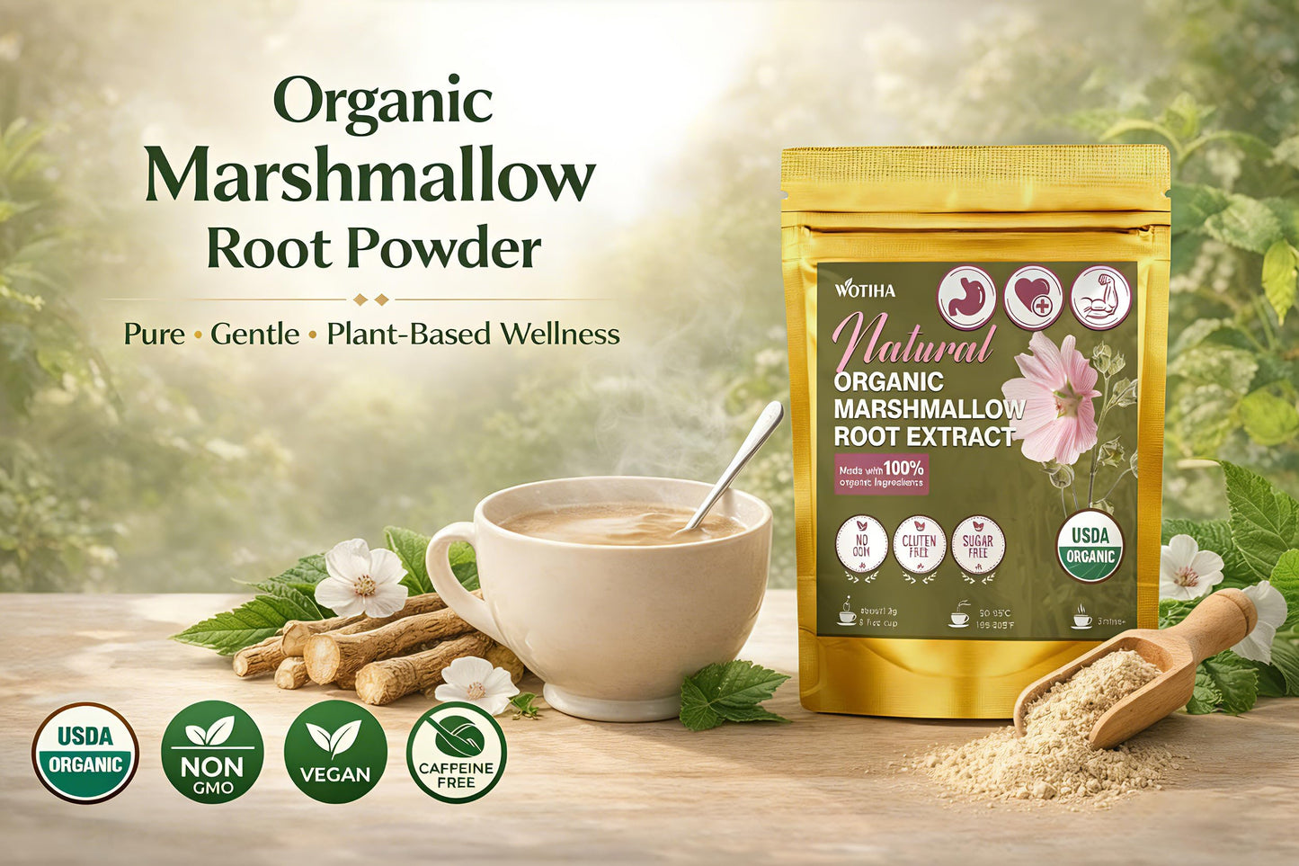 WOTIHA Organic Marshmallow Root Extract Powder, 9.5 oz (271 g), Non-GMO
