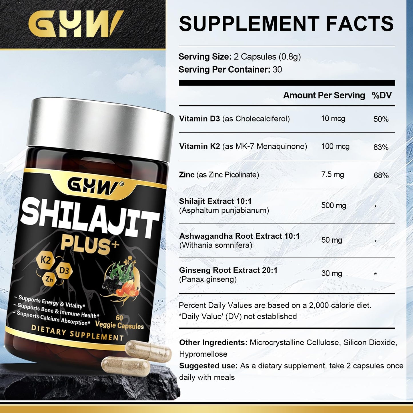 GHW Shilajit for Men Capsules with Vitamin D3 K2 & Zinc, Natural Fulvic Ashwagandha Ginseng, Supports Stamina Immune Health and Male Vitality, 60 Capsules