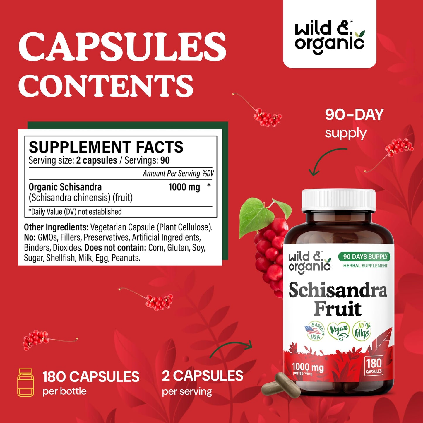 Wild & Organic Schisandra Capsules 1000 mg Mood Support 180 Count