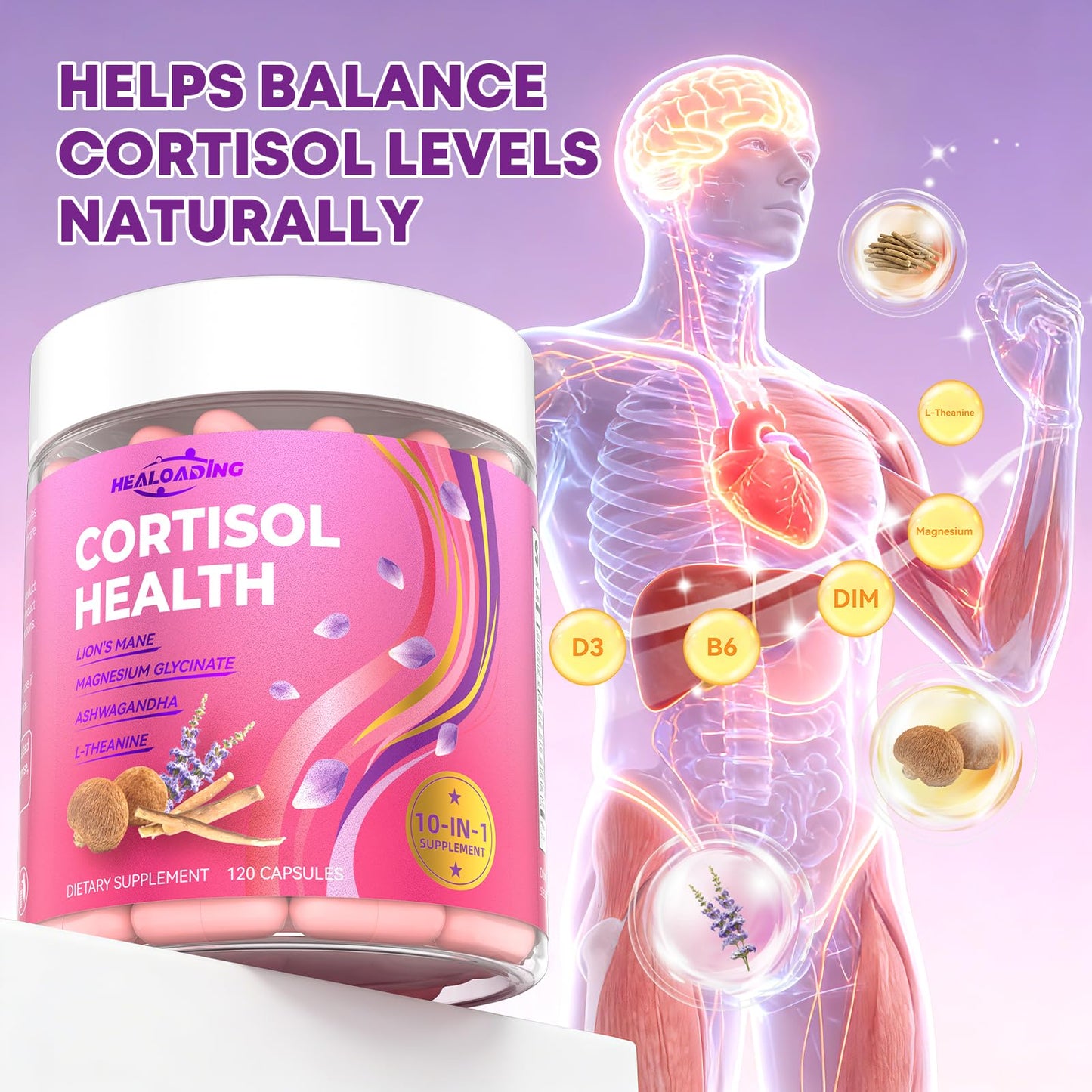 HEALOADING Cortisol Reducer Supplements for Women Capsules, 120 Count