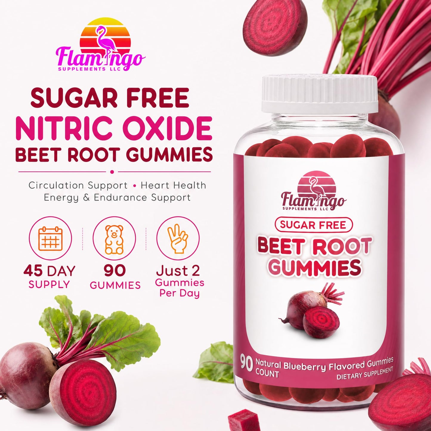 Flamingo Supplements Sugar Free Nitric Oxide Beet Root Gummies 90 Count