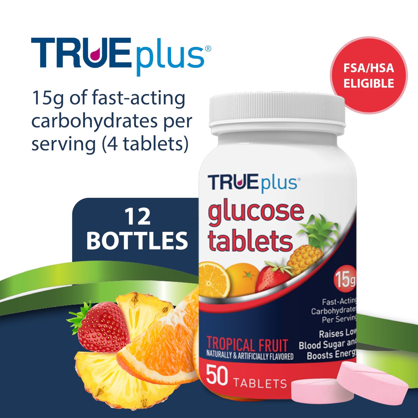 TRUEplus Glucose Tablets Tropical Fruit Flavor, 50 Count