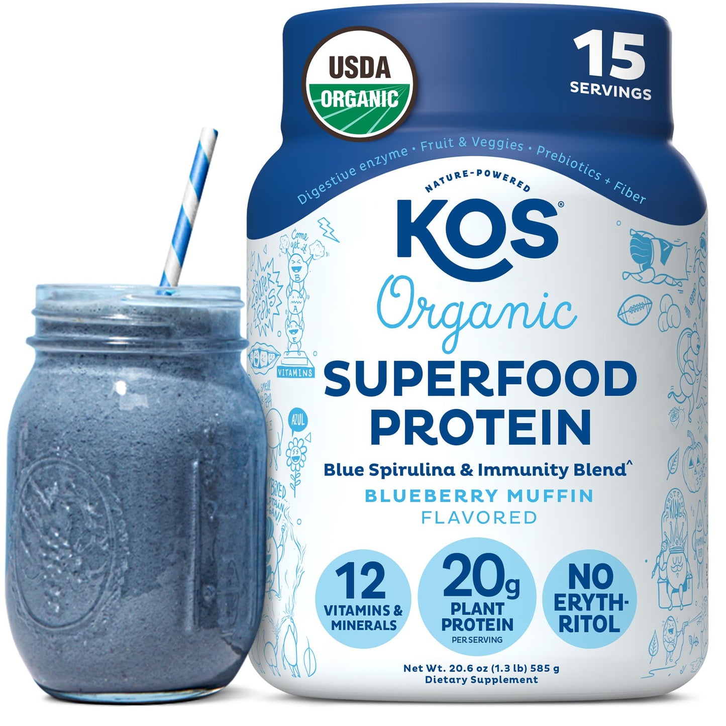KOS Plant Based Protein Powder, Blueberry Muffin - Organic Pea Protein with Spirulina and Immune Support, 20.6 oz