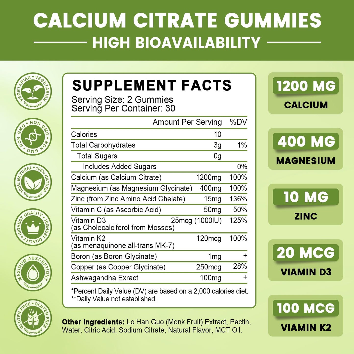 GONGOTA Calcium Citrate 1200mg with Vitamin D3 Gummies for Women, Sugar Free Pineapple Flavor, 60 Gummies