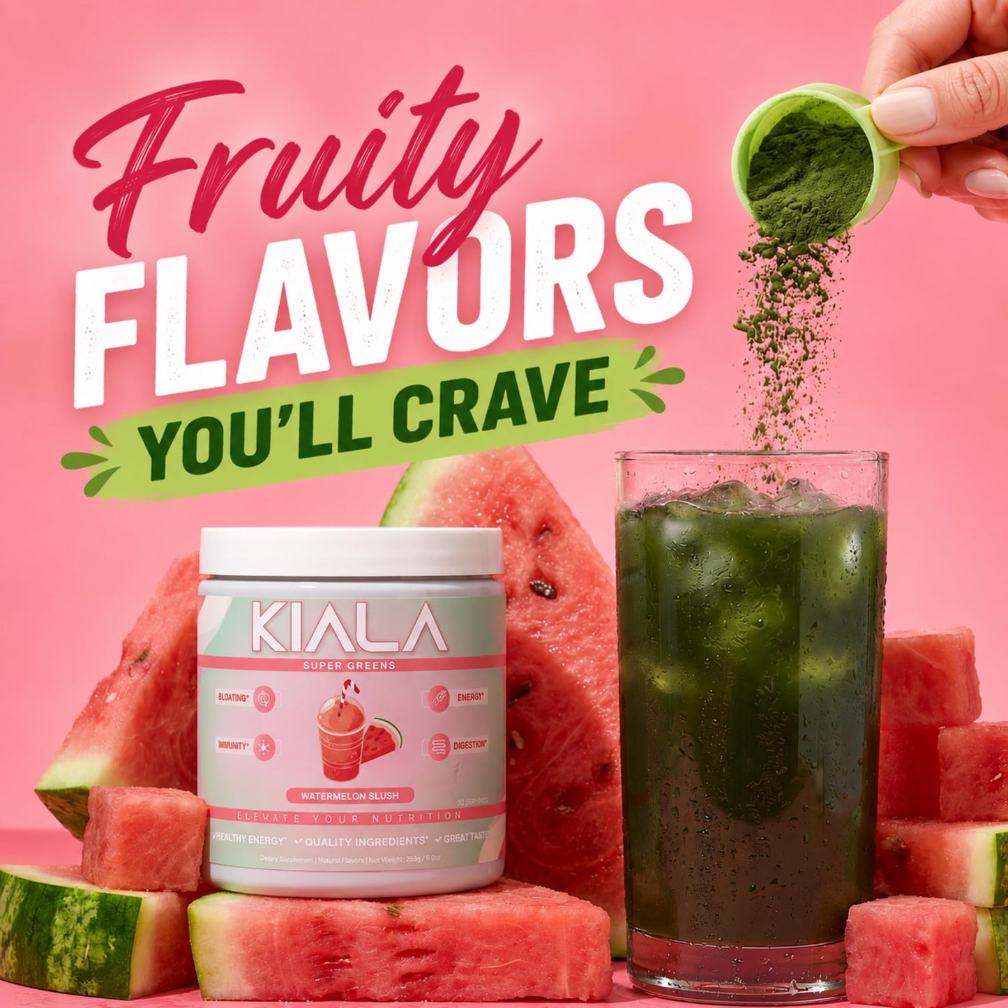Kiala Nutrition Super Greens Powder with Spirulina & Chlorella, Watermelon Slush, 9 oz