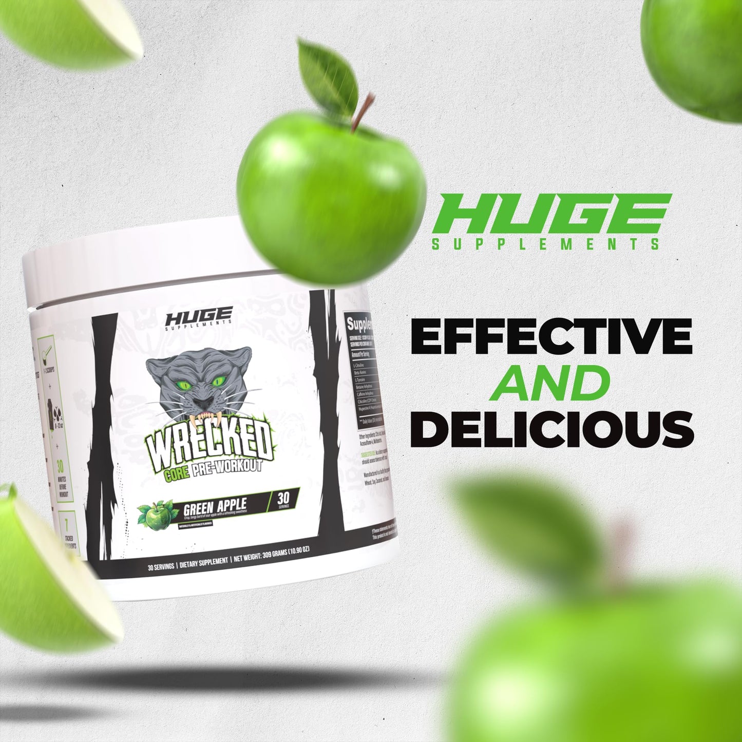 Huge Supplements Wrecked Core All-in-One Pre-Workout Supplement for Men & Women, Increase Energy, Focus & Pumps with L-Citrulline, Beta-Alanine, L-Tyrosine & More Green Apple Powder 30 Servings