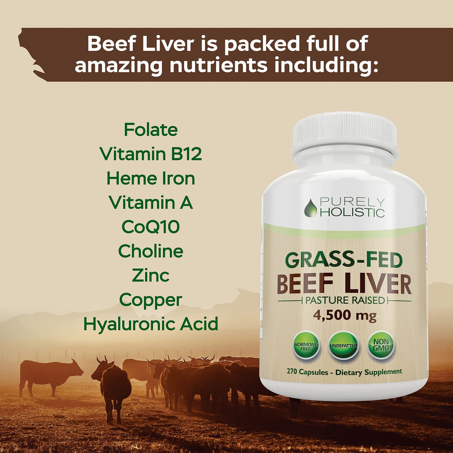 Purely Holistic Grass Fed Beef Liver Capsules 270 Count