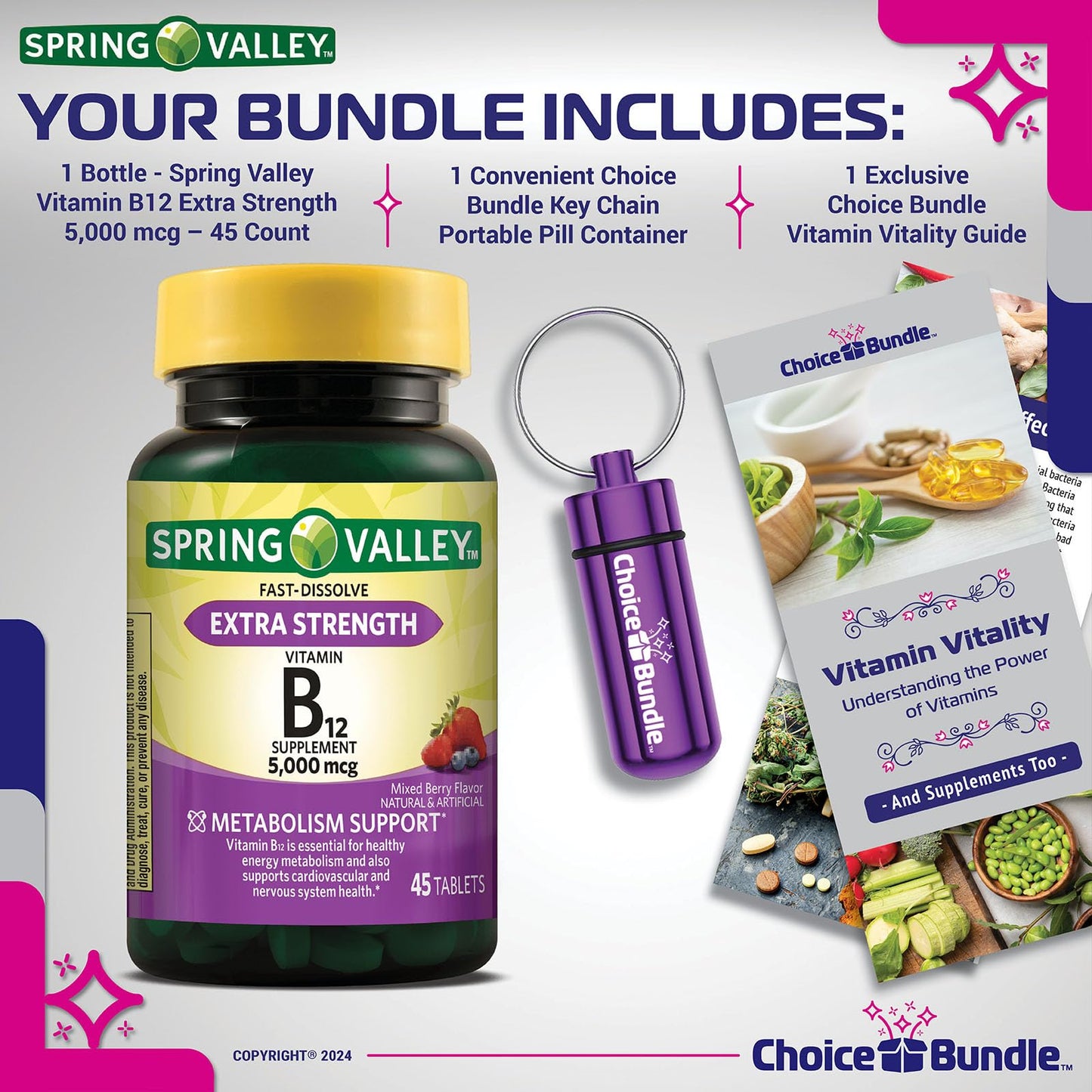Choice Bundle Vitamin B12 Fast Dissolve Tablets Extra Strength Metabolism Support 5000 mcg, 45 Tablets