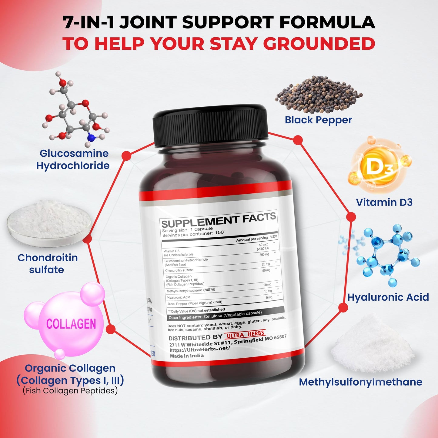 ULTRA HERBS Glucosamine Chondroitin MSM - Joint Mobility Support Supplement Enhanced with Collagen, Hyaluronic Acid, Vitamin D3, 150 Capsules