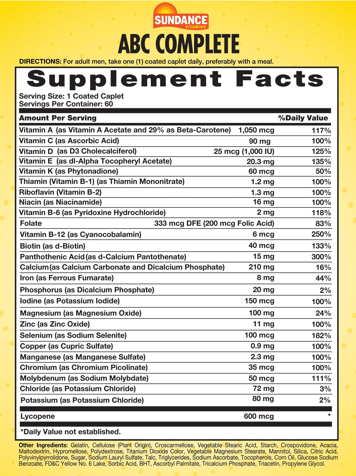 Sundance Men's ABC Complete Multivitamin & Mineral Formula Caplets 60 Count