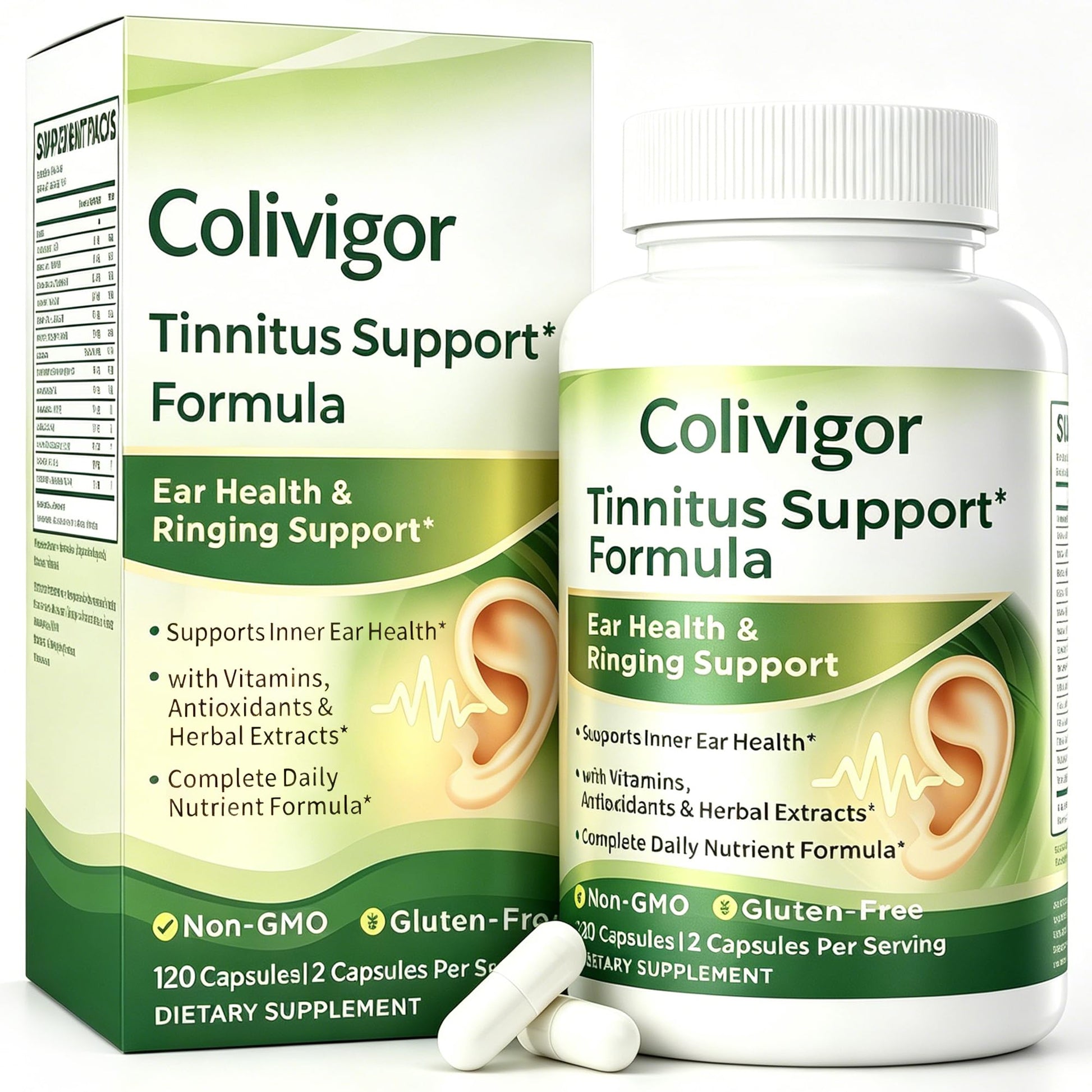 Colivigor Tinnitus Relief for Ringing Ears with Flavonoids, Vitamins, Inner Ear Health & Balance Support, 120 Capsules