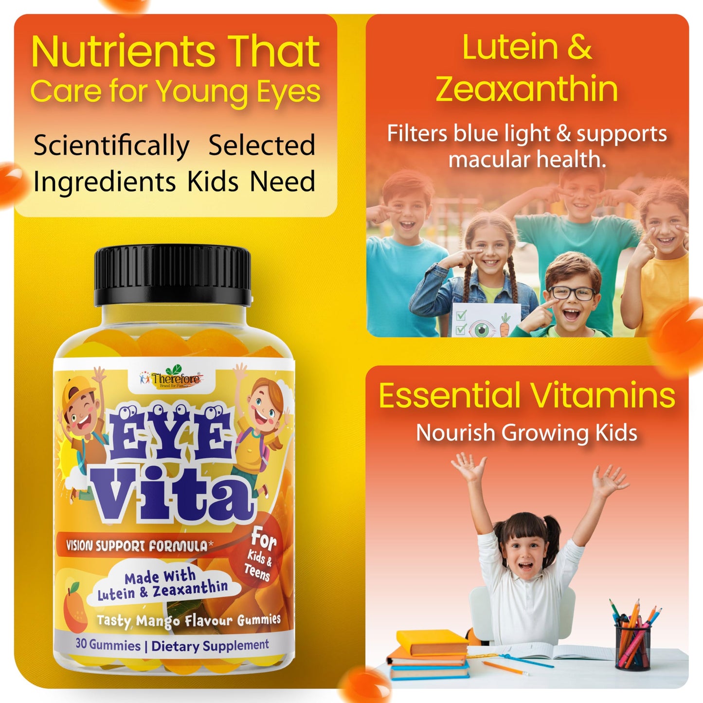 Therefore Kids Eye Vitamins Lutein Gummies 12mg with Zeaxanthin, 30 Count