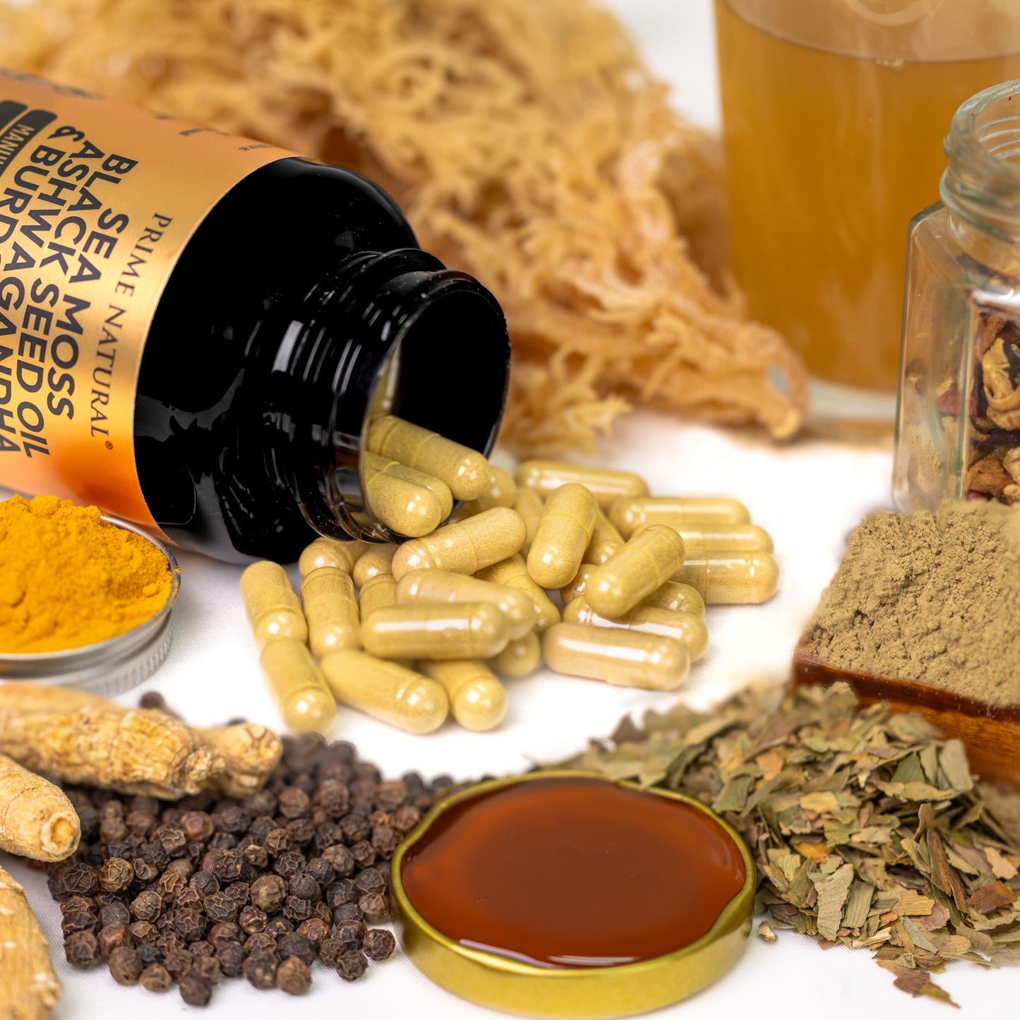 Prime Natural Sea Moss Black Seed Oil Ashwagandha Turmeric Bladderwrack Burdock Manuka Honey Dandelion ACV Capsules, 120 Count
