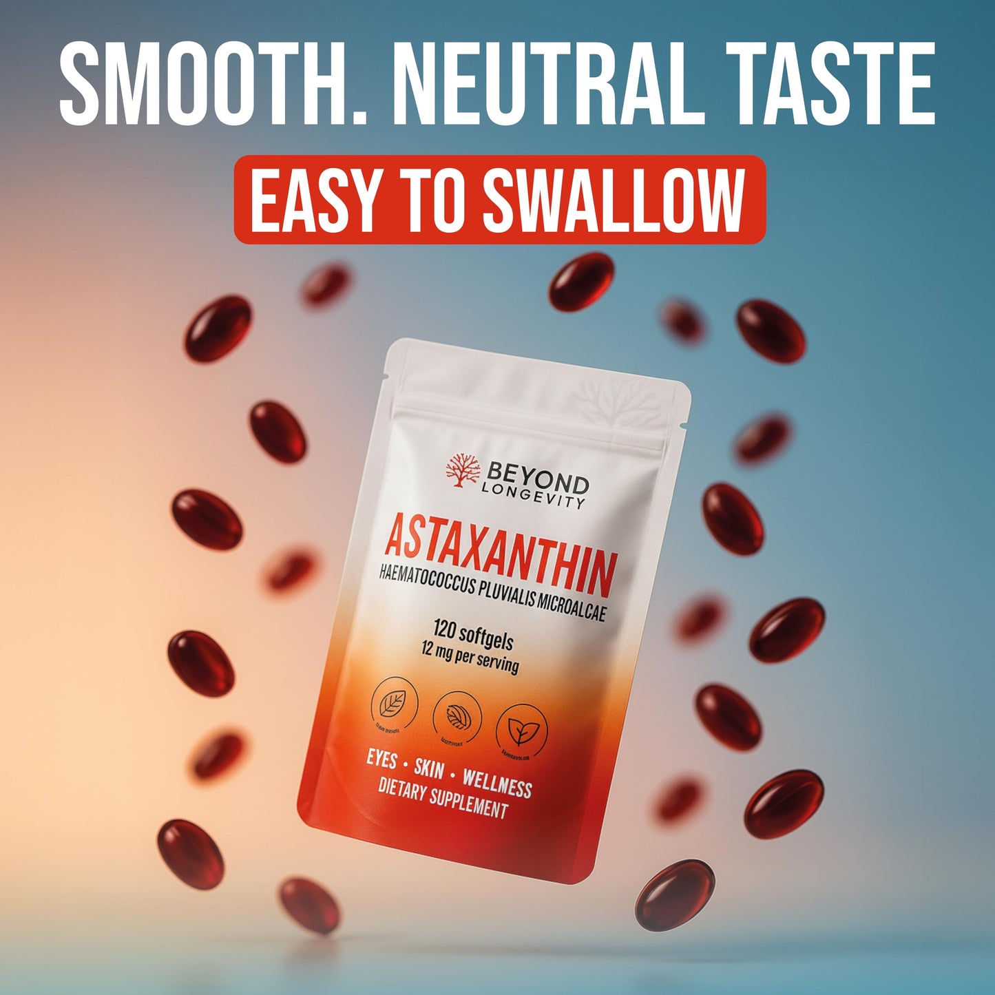 BEYOND LONGEVITY Astaxanthin 12mg Antioxidant Supplement from Microalgae Softgel 120
