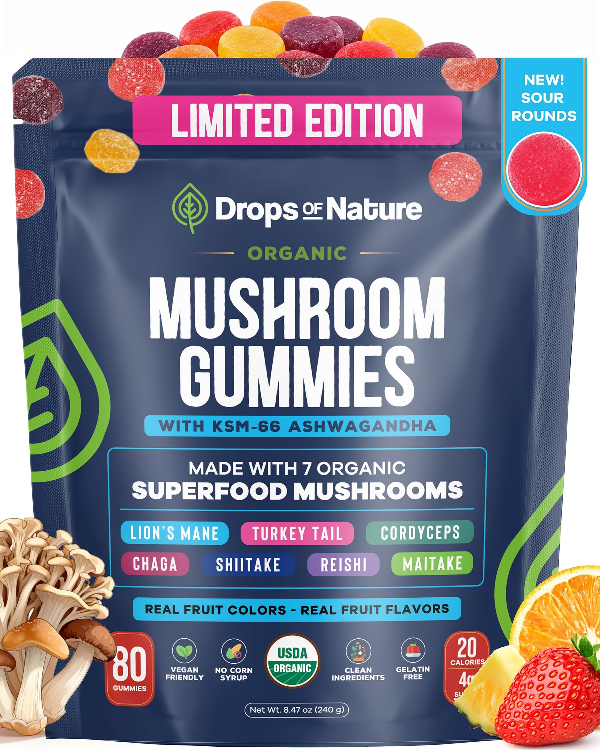 Drops Of Nature Mushrooms & Ashwagandha KSM-66 Gummies, 80 Count