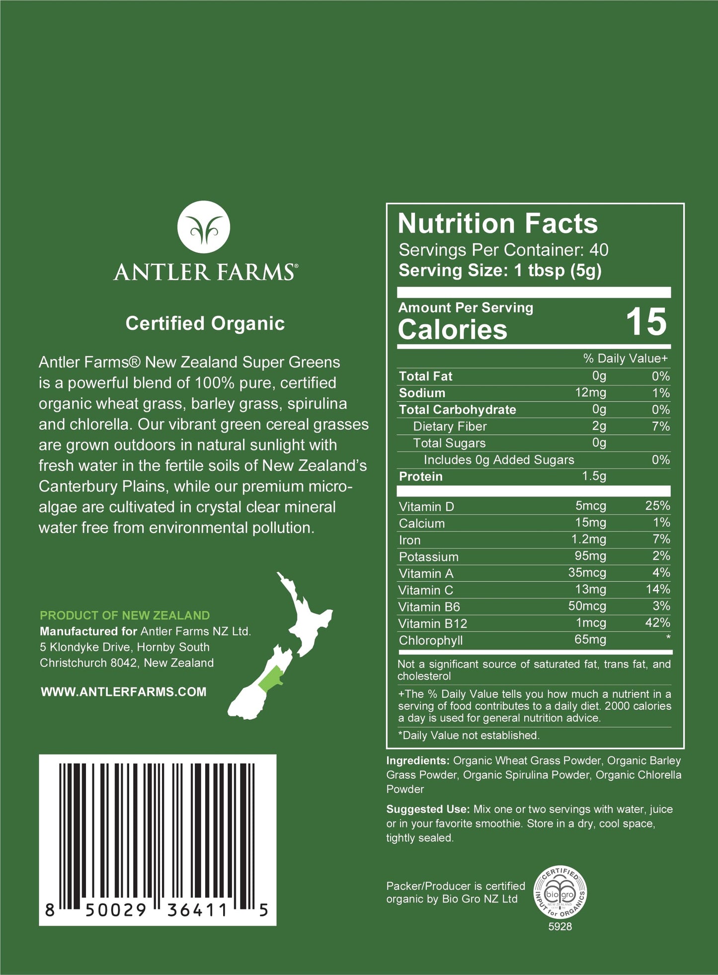 Antler Farms Organic New Zealand Super Greens Powder, 7 oz