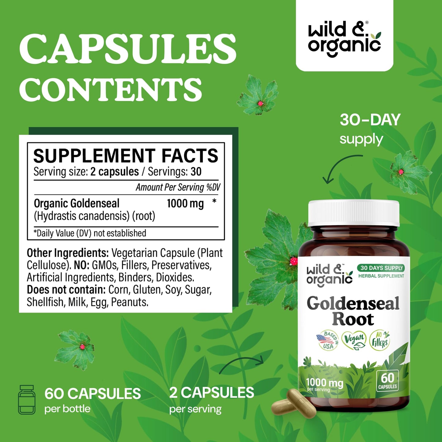 Wild & Organic Goldenseal Root Capsules 1000mg 60 Capsules