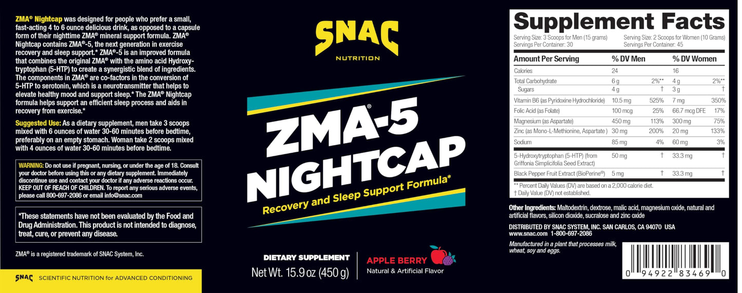 SNAC ZMA-5 Nightcap Rapid Recovery Powder 15.9 oz