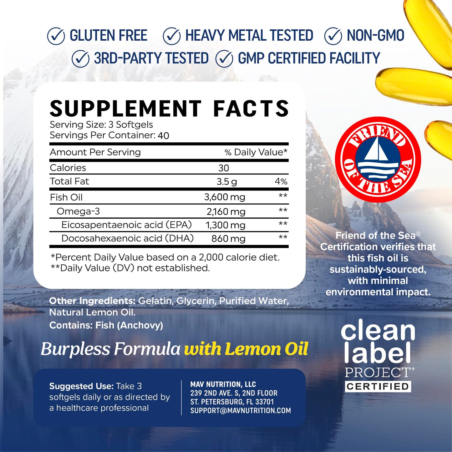 MAV NUTRITION Triple Strength Omega 3 Fish Oil 3600 mg, EPA & DHA, Omega-3 with Lemon Oil Softgel 120