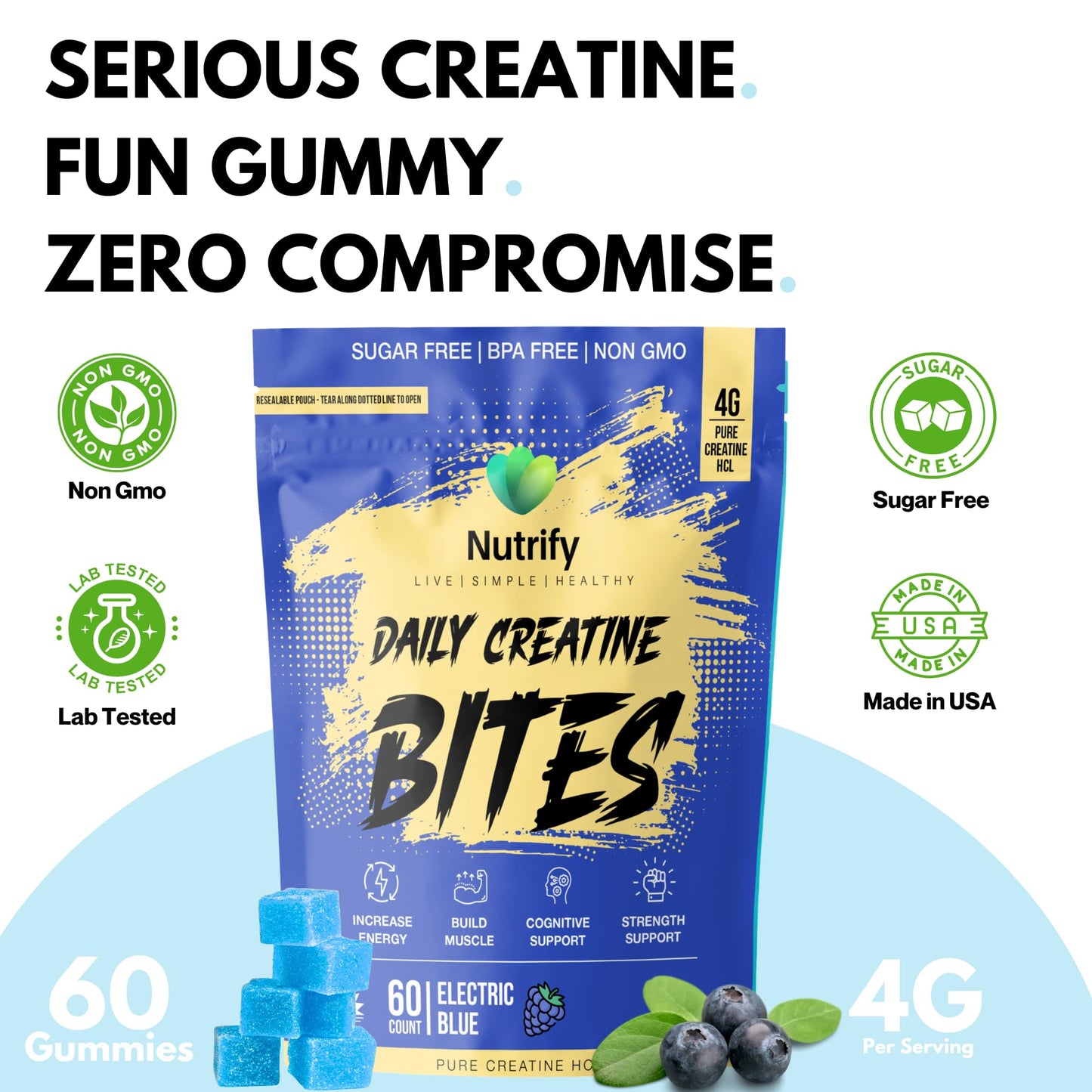 Nutrify Daily Creatine Gummies for Women and Men - 4g Creatine Monohydrate per Serving for Muscle Growth & Recovery - Sugar-Free, Low-Calorie, with Vitamin B12 for Energy Boost (Electric Blue) 60 Gummies