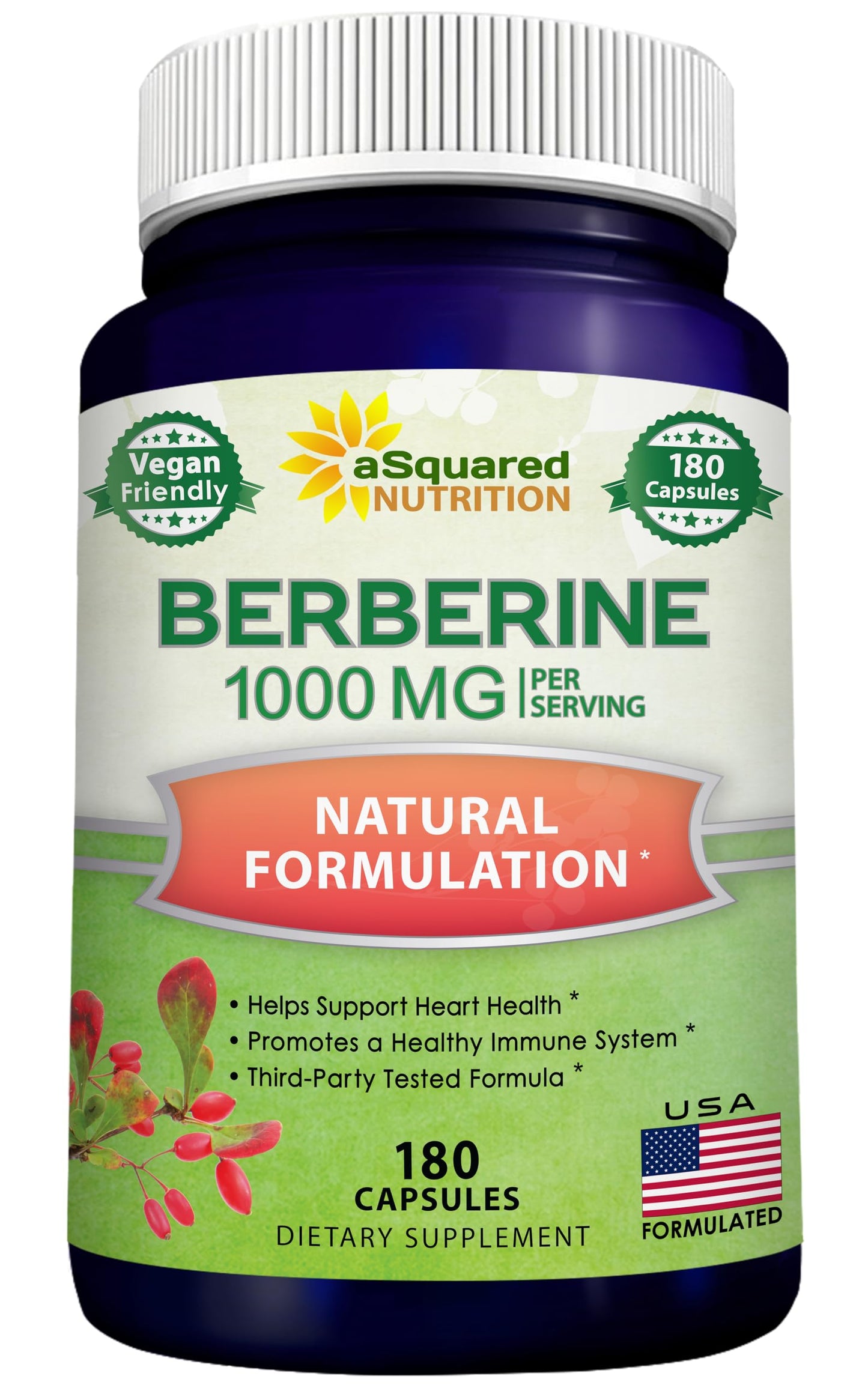 aSquared Nutrition Pure Berberine 1000mg Supplement Capsules, 180 Count