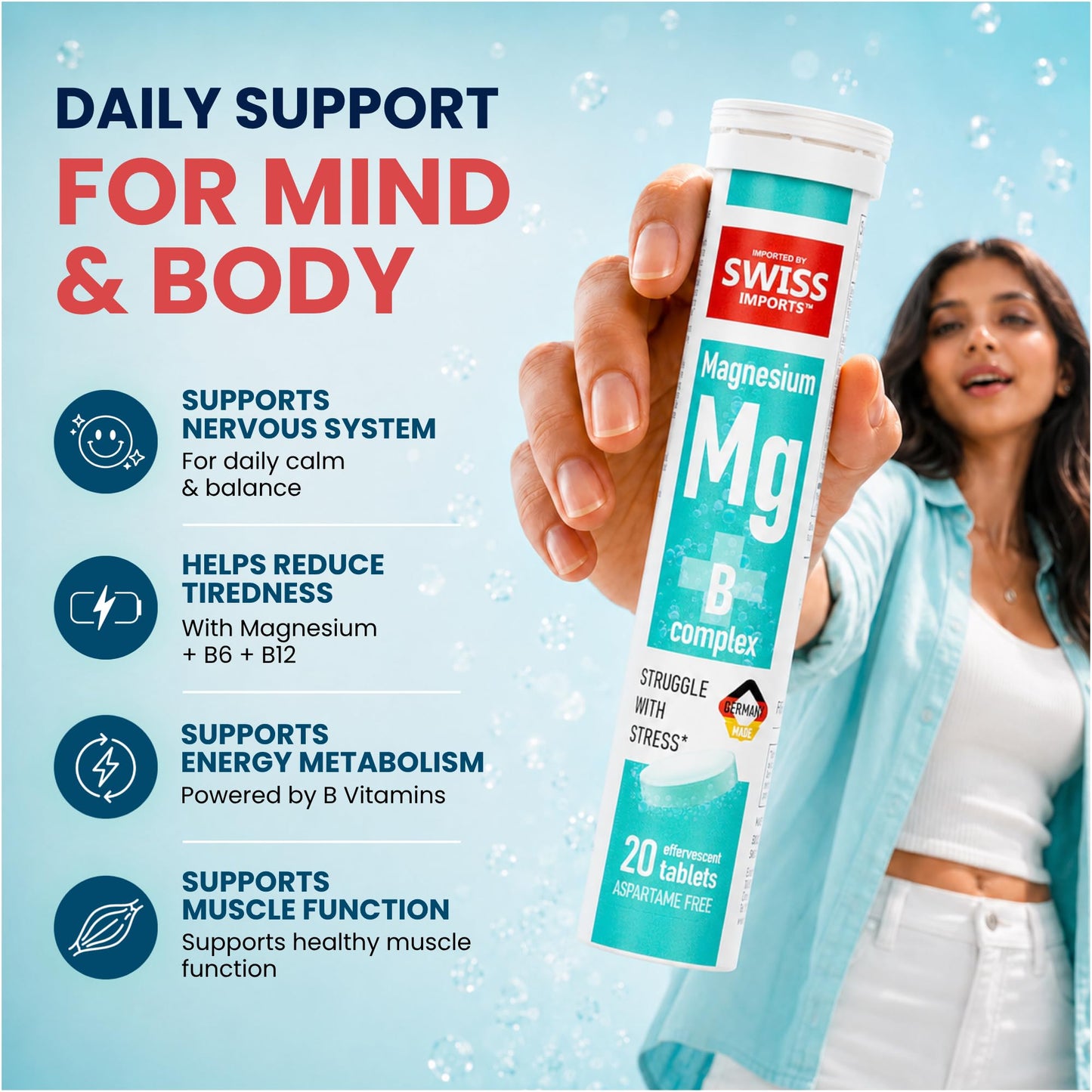 Swiss Imports Effervescent Magnesium + B Complex Dietary Supplement Tablets, 240 Tablets