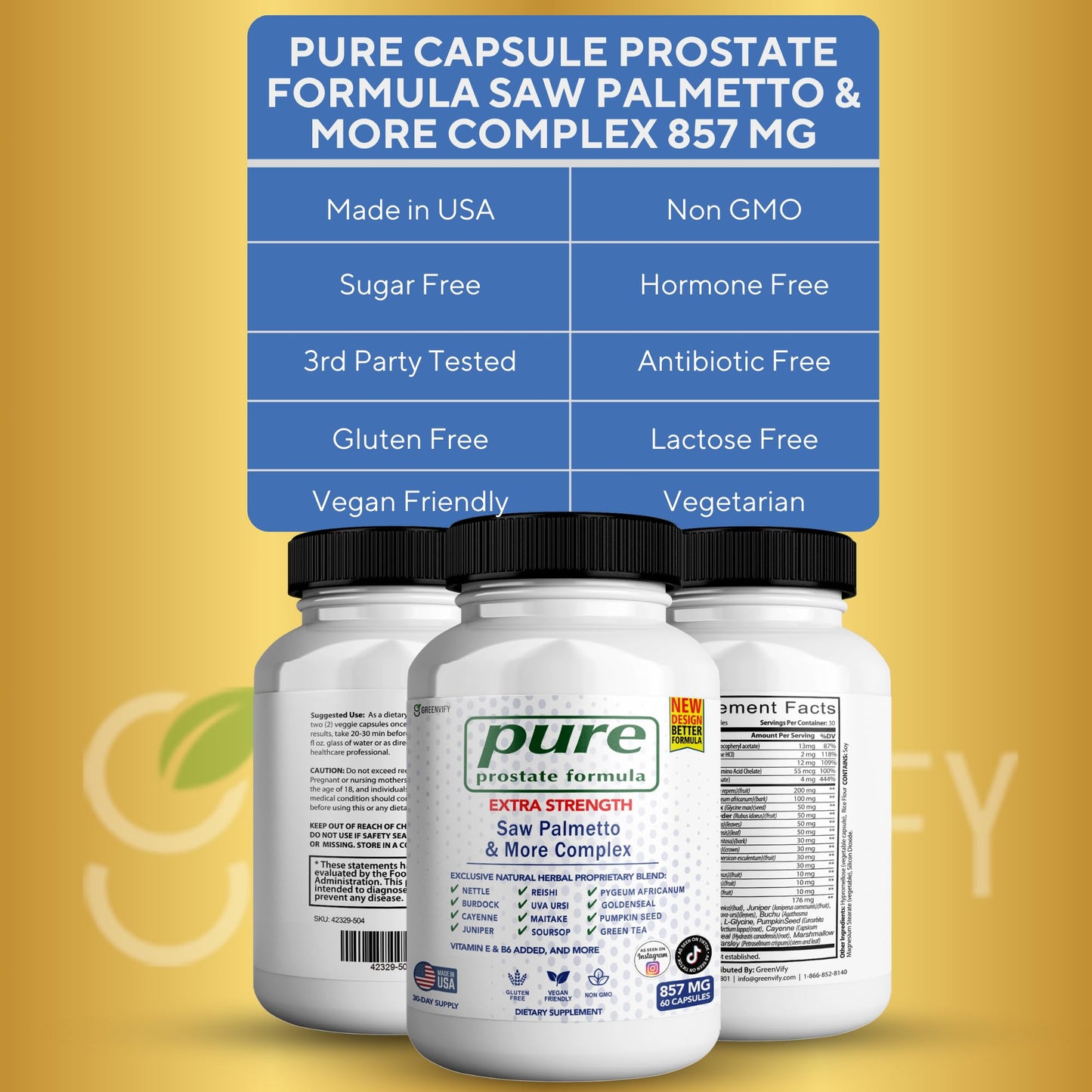 GREENVIFY Pure Prostate Formula Saw Palmetto & More Complex 857 mg Prostate Supplements for Men Capsules, 180 Capsules