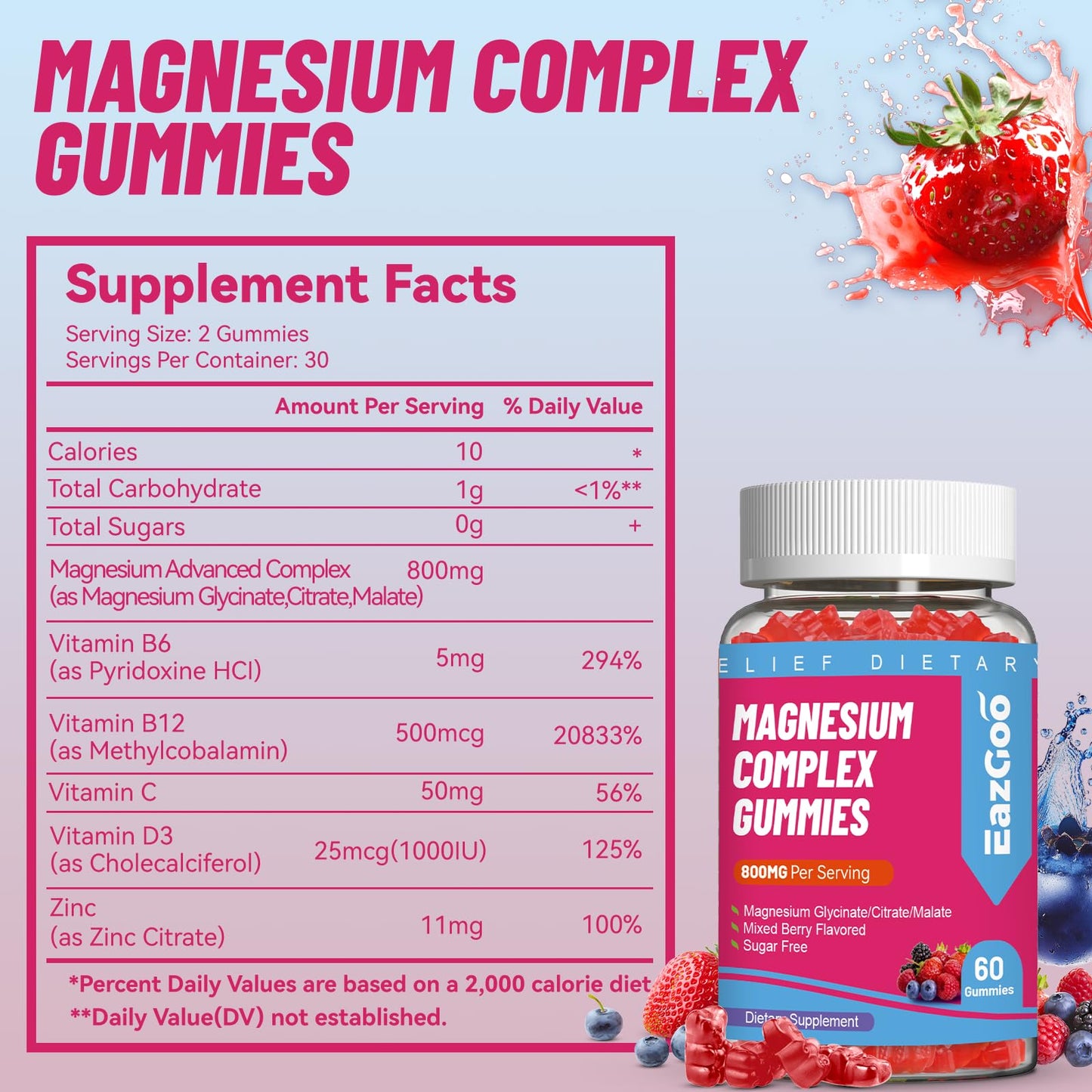 EAZGOO Magnesium Gummies 800mg - Vitamin D3, C, B6, B12 & Zinc Complex with Magnesium Glycinate, Citrate & Malate, 120 Gummies
